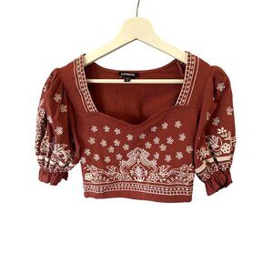 Express Red Crop Top XS Puff Sleeve Embroidered Floral Paisley Boho Holidays